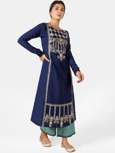 Navy Blue Cotton Embroidered Kurta Palazzo Set - Feature: Quick Dry