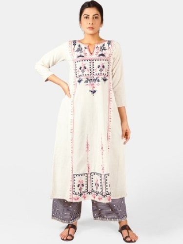 Off White Khadi Cotton Embroidered Kurti With Gray Palazzo Pant - 3/4th Sleeves, V-Neck, Regular Fit | Breathable, Quick Dry, Machine Washable, Modern Party Wear