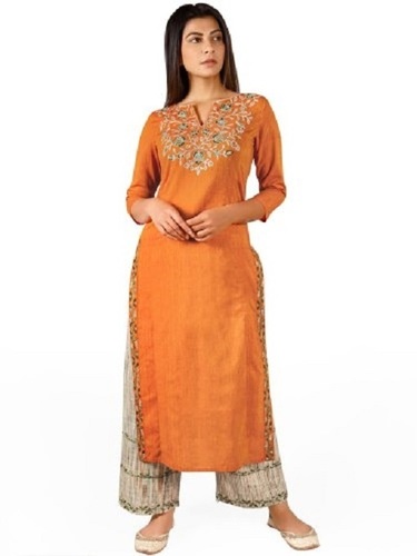 Orange Cotton Embroided Kurta Palazzo Set - Feature: Quick Dry