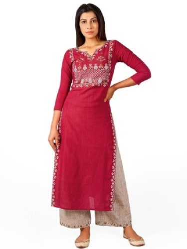 Ruby Pink Cotton Embroidered Kurti Palazzo Set - Feature: Breathable