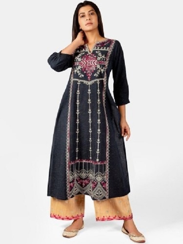 Deep Navy Blue Khadi Cotton Kurti With Orange Palazzo Pant - Calf Length, 3/4th Sleeves, V-Neck Style, Breathable & Quick Dry