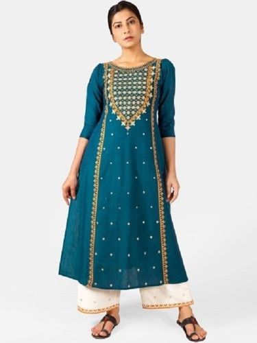 Turquoise 3/4th Sleeves Twinklinf Stars Designer Ladies Khadi Cotton Embroided Kurti With White Palazzo Pant