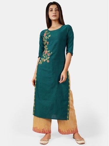Turquoise Cotton Embroidered Kurta Palazzo Set - Feature: Quick Dry
