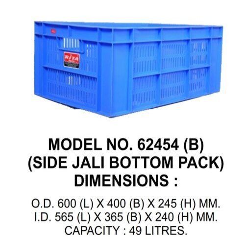 49 L Rectangular Shape Mesh Style Side Jali Bottom Pack Industrial Plastic Blue Crate