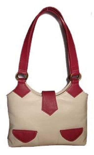 Spacious Red And White Color Ladies Leather Hand Bags With Polyester Lining