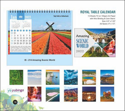 Attractive Designs Table Calendar With English Language For Home And Office, 8.5"X7.25", 130 Gsm Art Paper, 13 Sheets Calendar Spiral Binding