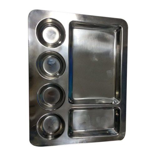 Plain Stainless Steel Rectangular Shape 6 Compartments Plate With 800gm Weight And Silver Finish