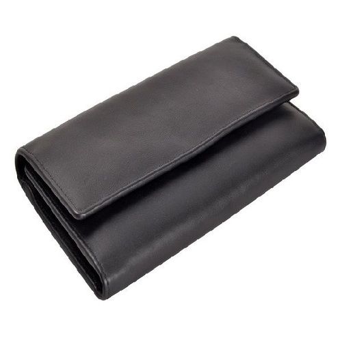 Black Rectangular Plain Design Genuine Leather Ladies Casual Wallet With Polyester Fabric Lining