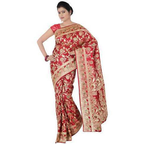 Red And Golden Bridal Wear Ladies Banarasi Silk Printed Saree With Blouse Piece