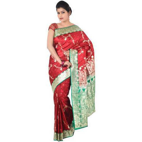 Printed Red Wedding Wear Zari Work Traditional Indian Ladies Banarasi Silk Saree With Blouse Piece