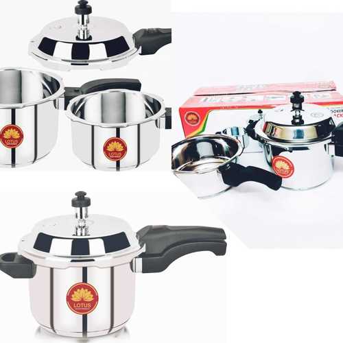 Round Shape And Silver Color Stainless Steel Pressure Cooker With Black Color Handle