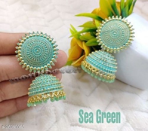 Party Sea Green Golden Classical Design Trendy Fancy Jhumka Earring For Women