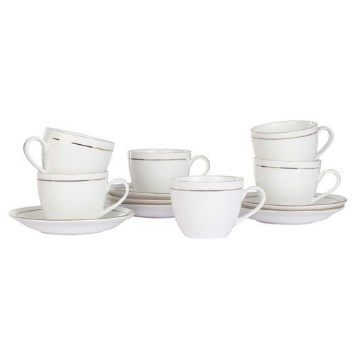 190 Ml Bone China Gold Line White Tea Cups And Saucer, Set Of 12 Piece