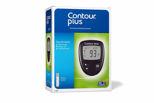 Bayer Contour Plus Black ग्लूकोमीटर जिसमें 50 परीक्षण स्ट्रिप्स और 5 रंगीन लैन्सेट्स हैं