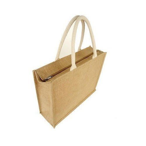 Brown Zipper Closure Jute Office Lunch Carry Bags With Flexible Rope Handle