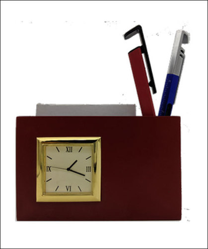 ऑफिस के लिए पेन स्टैंड और क्लॉक के साथ वुड मॉडर्न वुडन स्क्वायर शेप यूटिलिटी होल्डर