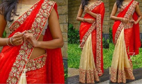 Spring Red And Beige Party Wear Traditional Indian Ladies Designer Georgette Chiffon Plain Saree With Embroidered Border 