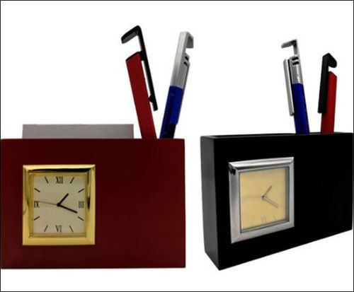 Wood Wooden Square Shape Utility Holder With Pen Stand And Clock