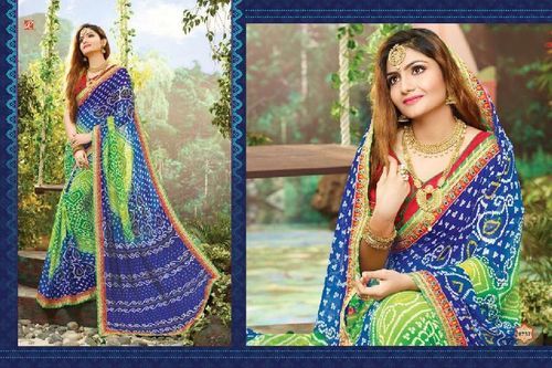 Green And Blue Casual Wear Traditional Indian Ladies Printed Bandhej Saree With Ethnic Look