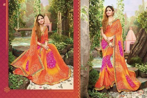 Spring Orange And Pink Casual Wear Traditional Indian Ladies Printed Bandhej Saree With Graceful Look