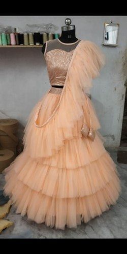 Peach Color Party Wear Ladies Butterfly Net Plain Designer Lehenga With Choli And Dupatta