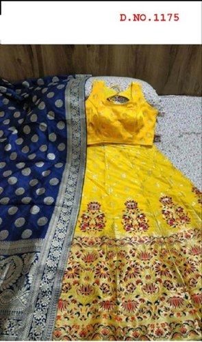 Yellow Semi-Stitched Ladies Embroidery Work Banarasi Silk Lehenga With Sleeveless Choli And Dupatta