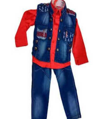 Easily Washable Blue And Red Full Sleeve Woven Casual Kids Baba Suit