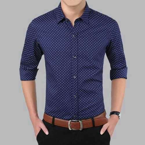 Round Neck Long Sleeve Printed Blue Men Formal Wear Cotton Shirt  Age Group: Adult