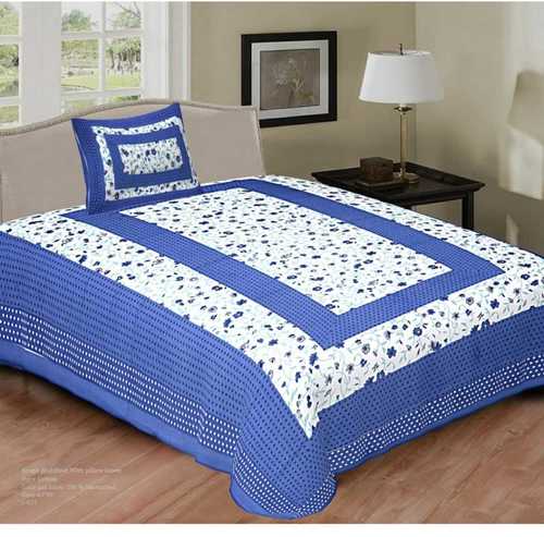 Blue Stitched Type Hand Work Home Use Cotton Floral Print Bed Sheet