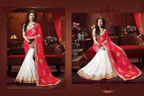 White And Red Casual Wear Traditional Indian Ladies Embroidered Silk Ridham Saree