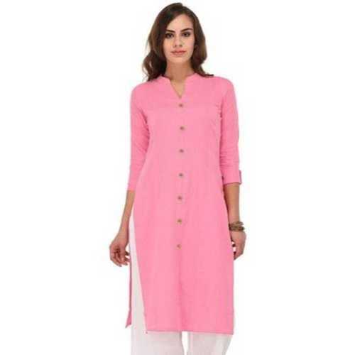 Ladies Casual Wear 3/4th Sleeves Side Sit Long Pink Kurta