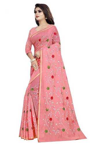 Ladies Designer Party Wear Pink Cotton Saree With Matching Blouse