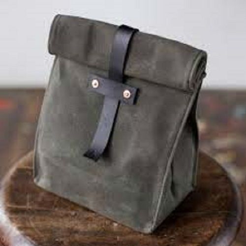 Very Spacious And Light Weight Zipper Closure Plain Black Design Leather Lunch Pack Bags