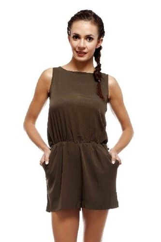 Indian Brown Casual Wear Regular Fit Round Neck Thigh Length Ladies Plain Cotton Jumpsuits