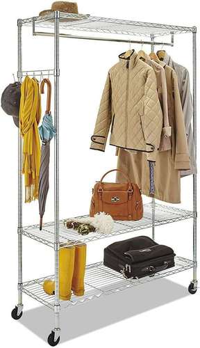 Durable Fine Finish Silver Color Clothing Hanging Racks For Showroom And Garment Shops With Two Shelves Storage