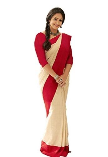 Summer Red And Beige Festival Wear Beautiful Traditional Indian Ladies Plain Pure Cotton Saree