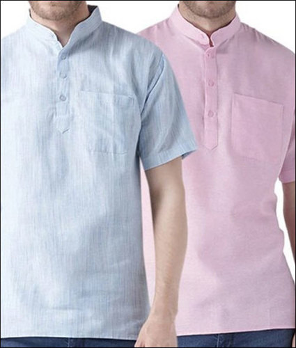 Banded Collar Half Sleeve Kurta - Khadi Material, Regular Fit, Peach and Green Colors | Anti-Wrinkle, Breathable, Quick Dry, Handwashable