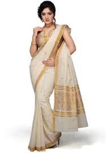 Summer White And Golden Festival Wear Beautiful Traditional Indian Ladies Plain Pure Cotton Saree