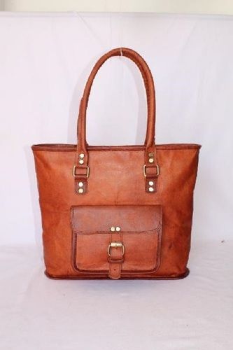 Brown Light Weight And Spacious Plain Design Anti Tear Ladies Leather Tote Hand Bag