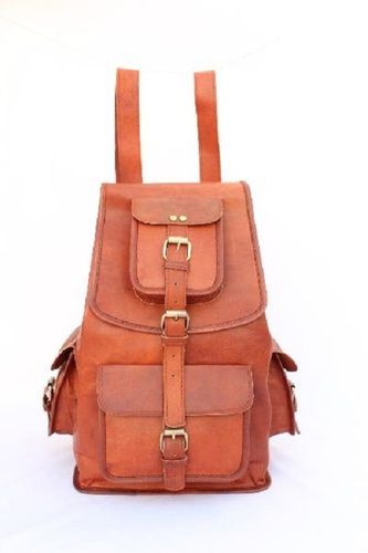 Brown Light Weight And Very Spacious Plain Pattern Anti Tear Handmade Leather Backpack Bags