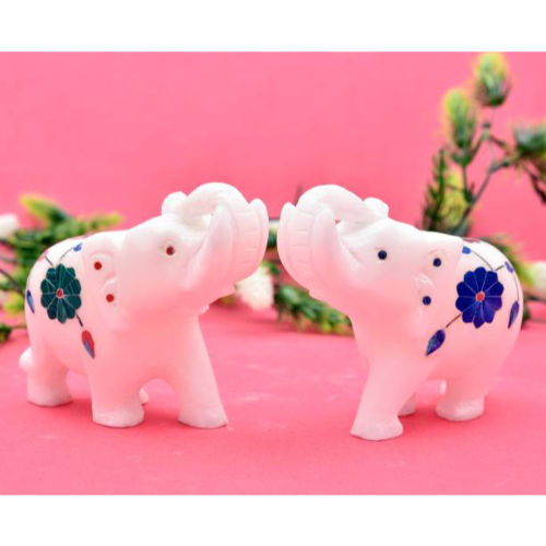 A One Marble Handicrafts White Marble Elephant Set with Hand Printed Design for Home Decor  