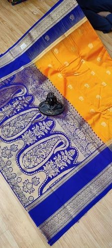 Festive Banarsi Woven Yellow With Blue Silk Saree Patch Work