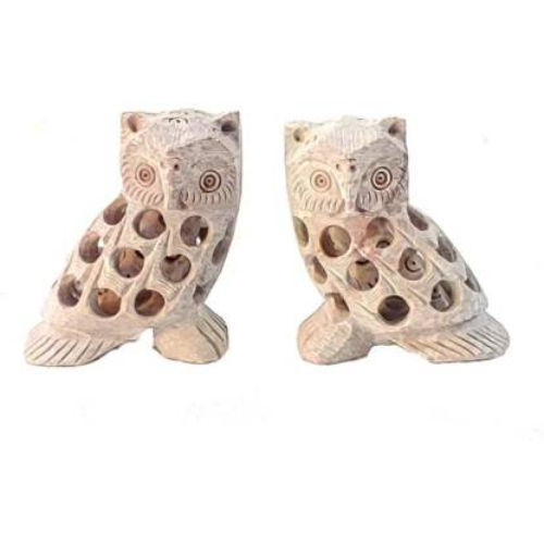 Grey A One Marble Handicrafts Marble Owl Wide Jali Design Carving With Baby-Owl Inside 2.5 Inch (Set Of 2) Decorative Showpiece - 6 Cm (Marble, White) 