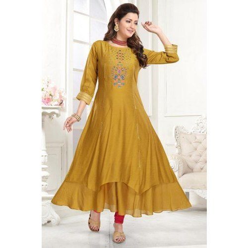 Mustard Yellow Party Wear 3/4th Sleeves Round-Neck Ladies Embroidered Rayon Anarkali Kurti