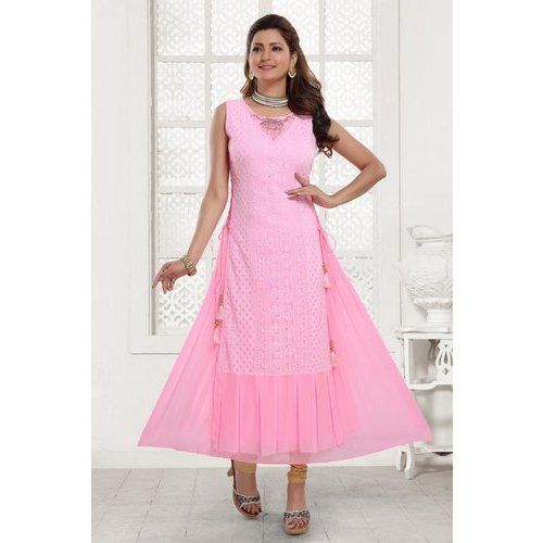 Washable Pink Party Wear Sleeveless Round-Neck Ladies Lucknowi Chikan Silk Anarkali Kurti