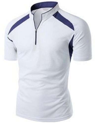 White And Blue Half Sleeves Mandarin-neck Regular Fit Mens Plain Polyester Sports T-shirts