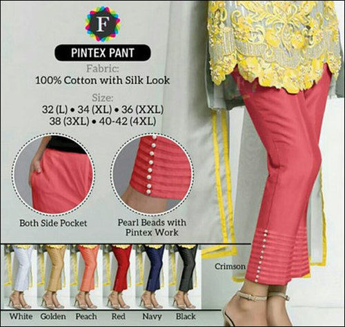 100% Cotton With Silk Look Casual Wear Pintex Cotton Pant For Ladies