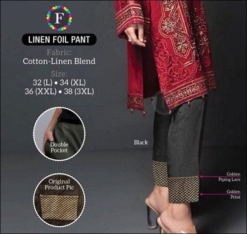 Casual Wear Cotton Linen Blend Foil Pant For Ladies