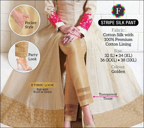 Casual Wear Golden Stripe Cotton Silk Pant For Ladies