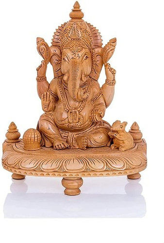Handmade Carved Wooden Chouki Ganesh Ji for Home Decoration With Brown Finish